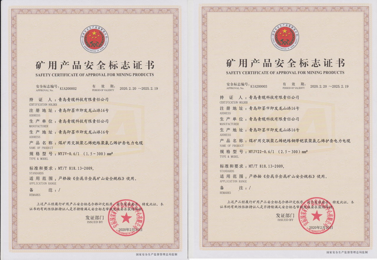 德赢VWIN科技公司矿用电力电缆通过煤安认证(图2) 德赢VWIN科技公司矿用电力电缆通过煤安认证(图2)